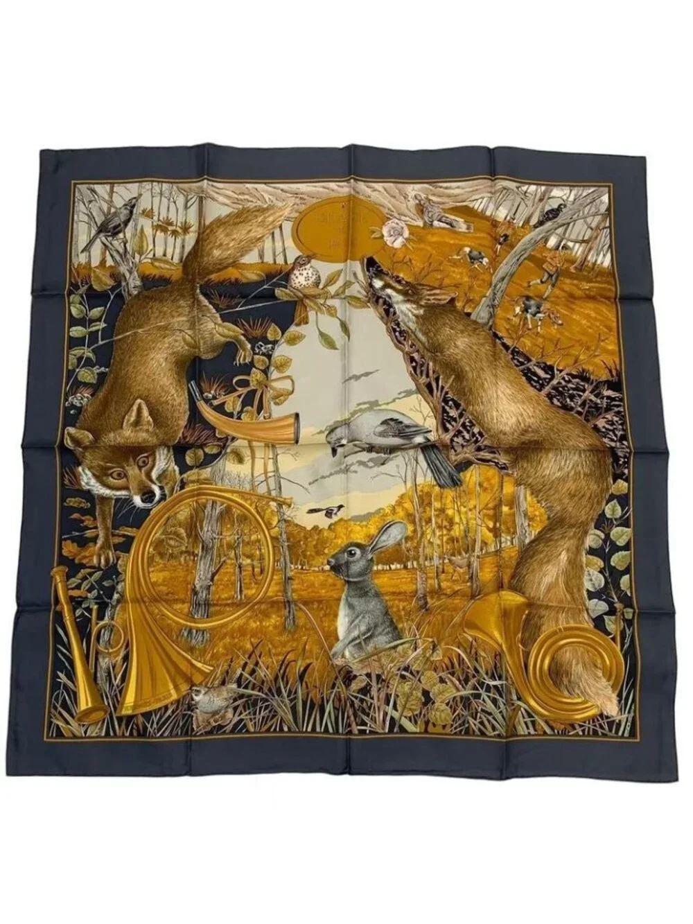 Hermes Scarf Silk Carre 90 Chasse Au BOIS Forest Hunting Gray